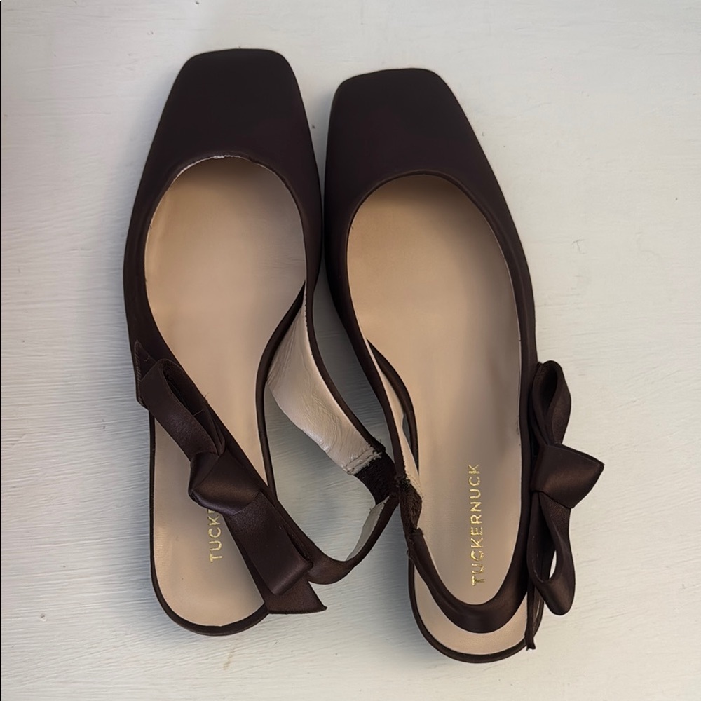 Tuckernuck Brown Satin Olivia Slingback Flats, 6